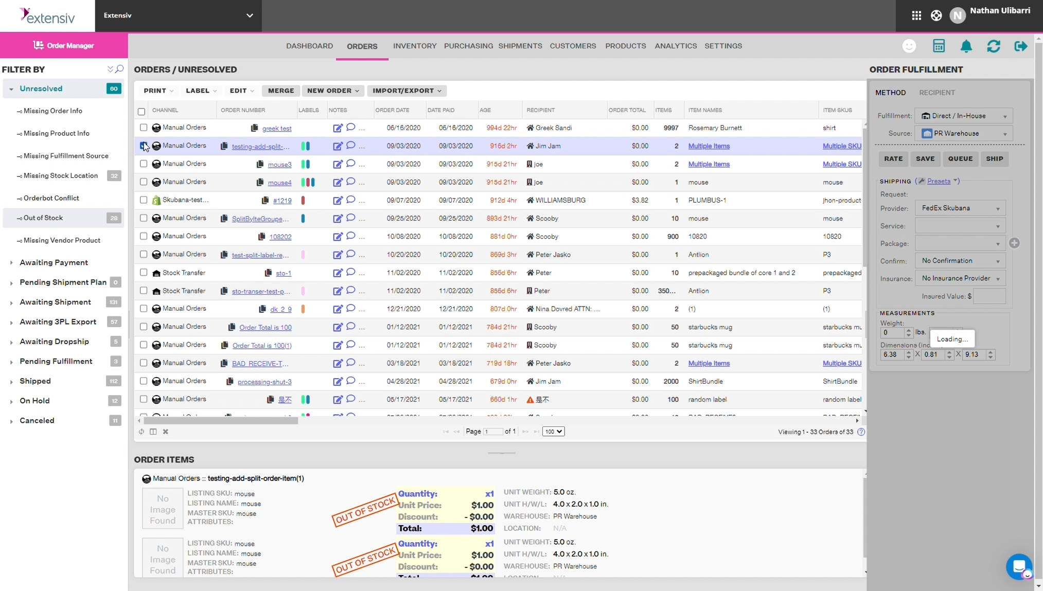 screenshot of Extensiv Order Management